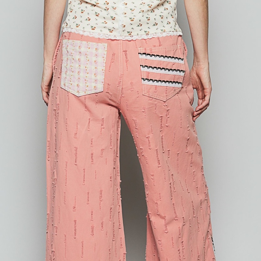 New POL Floral Patchwork Embroidered Drawstring Jeans Relaxed Fit Pants Pink - Picture 5 of 11